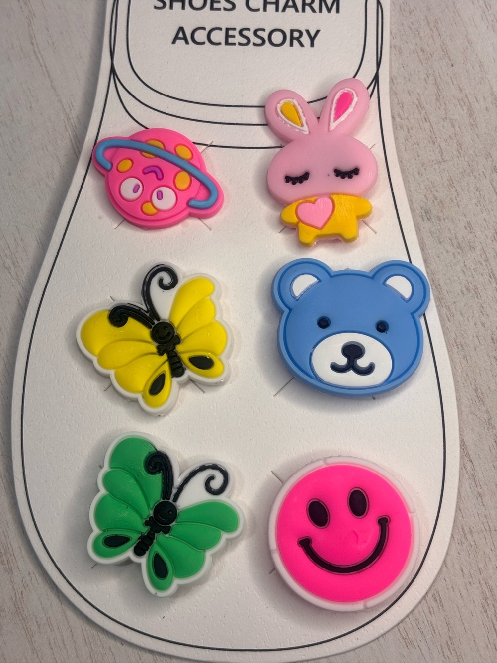 Cute Pastel Shoe Charm Set – Bunny, Butterfly, Bear & Smiley Croc Charms